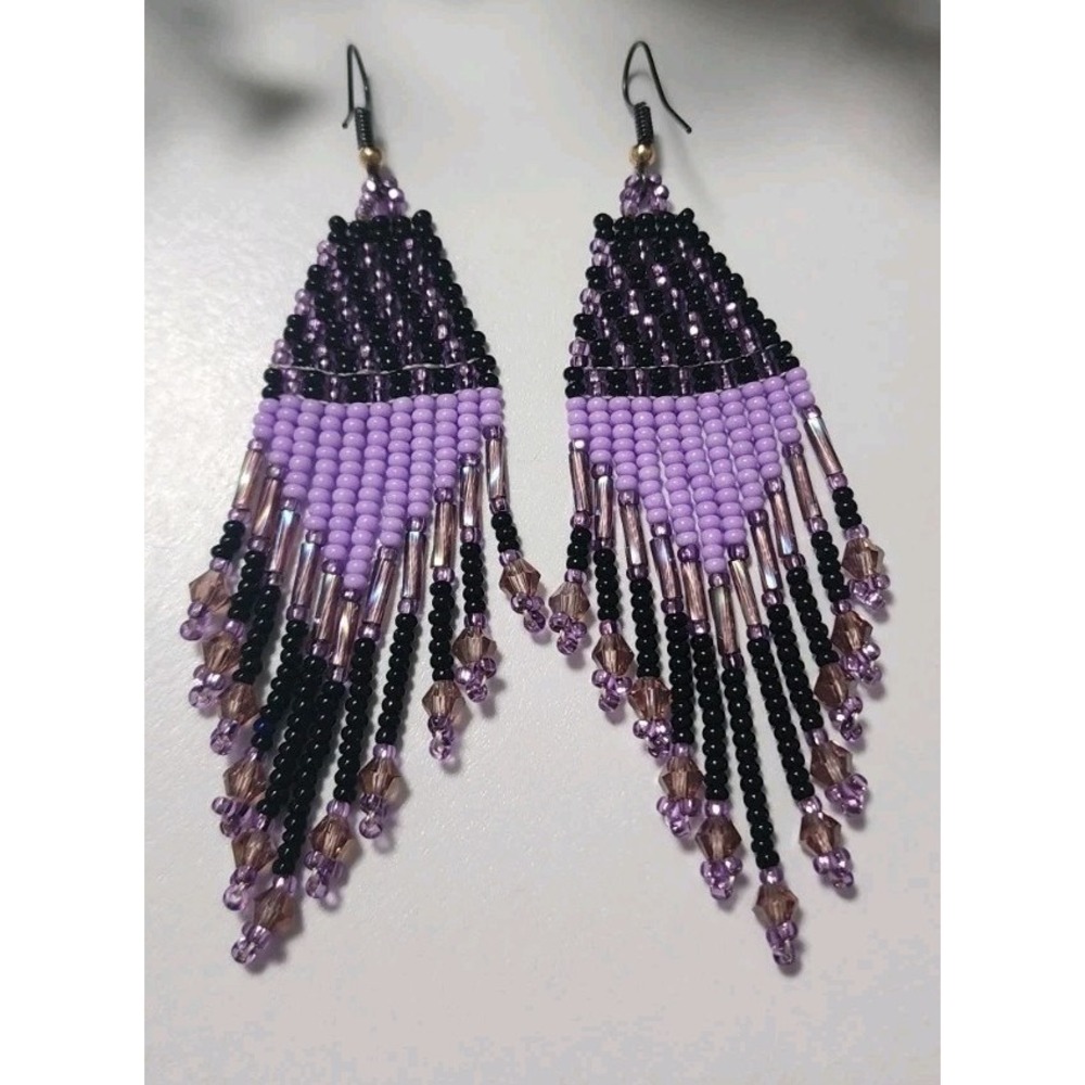 Handmade Beaded Fringe Earrings Black Purple Lavender Glass Crystal Dangle Boho